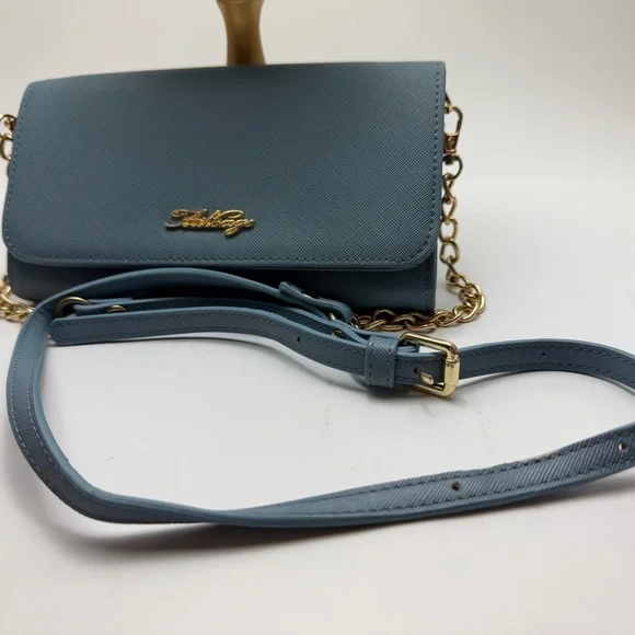 Saffiano Light Blue Crossbody Bag with Gold Chain Strap - Picture 1 of 10